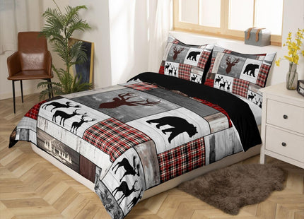 Erosebridal Hunting Deer Bear Bedding Set Twin, Rustic Elk Woodland Animal Comforter Cover Farmhouse Cabin Lodge Decor, Retro Wildlife Duvet Cover Red Black Buffalo Plaid Bedspread Cover, Grey