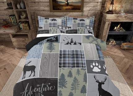 Rustic Patchwork Comforter Set, Checkered Buffalo Plaid Bedding Set For Kids Teens Adult, Woodland Wildlife Bear Moose Elk Pine Trees Pattern Printed Duvet Sets Farmhouse Decorations, Twin Size