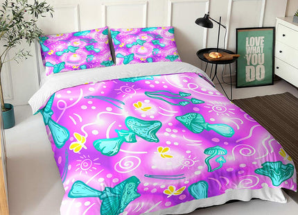 SWAYS Pink Mushroom Bed Set Luxury Cotton Duvet Cover Sets Enchanted Forest Comforter Cover for Kids Teen Girl Twin Size Quilt Cover（1Duvet Cover+1Pillowcase）