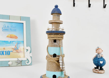 Linfevisi Wooden Lighthouse Decor with Light Tabletop Nautical Decor Solid Wood Light Houses Statue Figurines Inside Standing Coastal Beach Decoration Ocean Sea Theme Home Bathroom