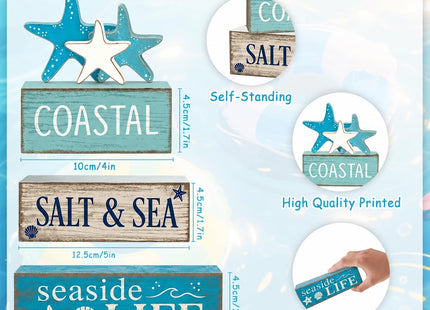 4 Pcs Summer Beach Table Decor Starfish & Seashell Coastal Nautical Wooden Block Signs, Rustic Farmhouse Tiered Tray Decorations for Home Bathroom Office Desk Shelf Mantel