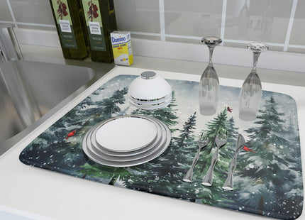 Winter Pine Tree Dish Drying Mat for Kitchen Counter 16x18 Inch Winter Snowflake Xmas Forest Dish Draining Mat Christmas Decorations Fast Absorbent Tableware Dishes Pad for Coffee Bar Countertop