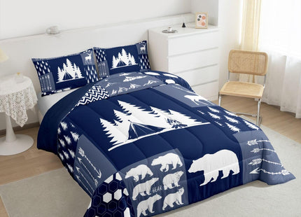 Erosebridal Camper Bedding Set Twin Rustic Farmhouse Camping Comforter Set,Bear Deer Woodland Animal Comforter for Kids Boys Girls,Patchwork Geometric Hexagon Arrow Decor Quilt Duvet Navy Blue 2 Pcs