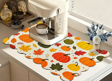 CQKEDMA Scalloped Dish Drying Mats for Kitchen Counter, Fall Pumpkins Maple Leaf, Cute Coffee Bar Mat for Countertop, Diatomite Absorbent, Kitchen Aesthetic Decor (16"x24", Fall Pumpkins Maple Leaf)