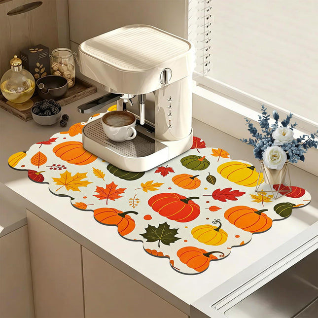 CQKEDMA Scalloped Dish Drying Mats for Kitchen Counter, Fall Pumpkins Maple Leaf, Cute Coffee Bar Mat for Countertop, Diatomite Absorbent, Kitchen Aesthetic Decor (16"x24", Fall Pumpkins Maple Leaf)