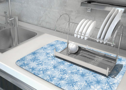 Winter Snowflake Dish Drying Mat for Kitchen Counter Blue White Christmas Snowflake Drying Mat 18x24 Inch Xmas Holiday Absorbent Dish Drainer Mat Christmas Kitchen Accessories