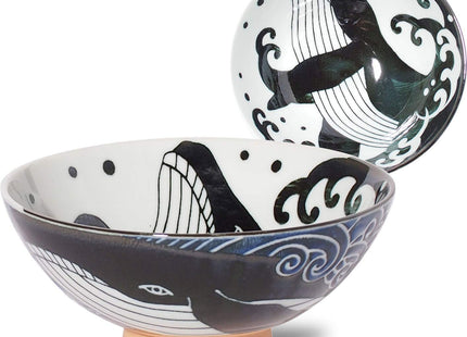 Minorutouki Rice Bowl Extra Large White Wave Whale Blue φ5.8×H2.6in 7.76oz Made in Japan