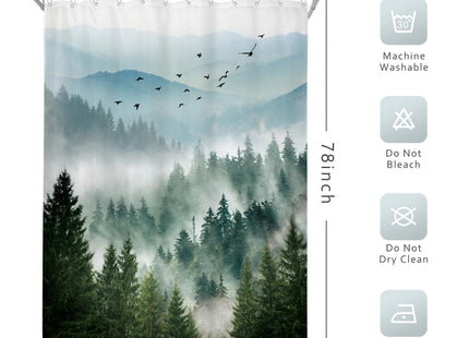 Green Rustic Mountain Scenery Pine Tree Bathroom Shower Curtain Set