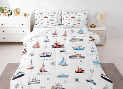 Nautical Sailboat Comforter Set Full Size,Sea Transportation Ships Bedding Set 3Pcs,Boat Anchor Rudder Print Quilt Set,Kids Boys Girls Teens Room Decor,Blue Red White Duvet Insert,2 Pillowcases
