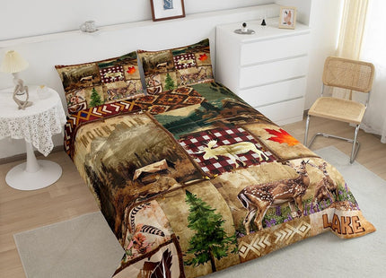 Elk Deer Farmhouse Bedding Set Twin,Reindeer Moose Farm Animal Wildlife Comforter Set,Country Cabin Barn Door Lake House Down Comforter,Retro Aztec Patchwork Plaid Pine Tree Jungle Plant Duvet Insert