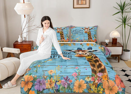 Erosebridal Kawaii Giraffe Comforter Twin Farm Animal Bedding Set, Red Pink Flower Bedding Comforters & Sets Rustic Farmhouse Down Comforter, Blue Wooden Striped Bed Sets Lodge Cabin Decor 2pcs
