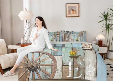 Erosebridal 7 Piece Farmhouse Bedding Country Rustic Cabin Twin Comforter Set with Sheets,Western Wooden Board Wheel Bed in A Bag for Kids Adults,Pastoral Planks Bed Sets Teal Brown Home Decor