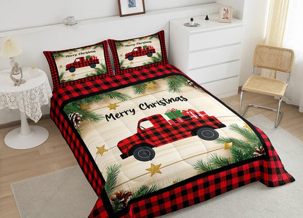 Kids Christmas Car Comforter Set Xmas Rustic Plaid Truck Bedding Set Twin,Christmas Red Black Buffalo Plaid Check Bedding Comforter Sets Farmhouse Pine Tree Leaf Quilt Duvet With 1 Pillow Case