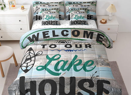 Erosebridal Rustic Boating Bedding Set Queen 7 Piece,Lake House Comforter Set with Sheet Set Farmhouse Lake Life Bed in A Bag for Kids Adults Country Wooden Board Bed Set Cabin Lodge Decor