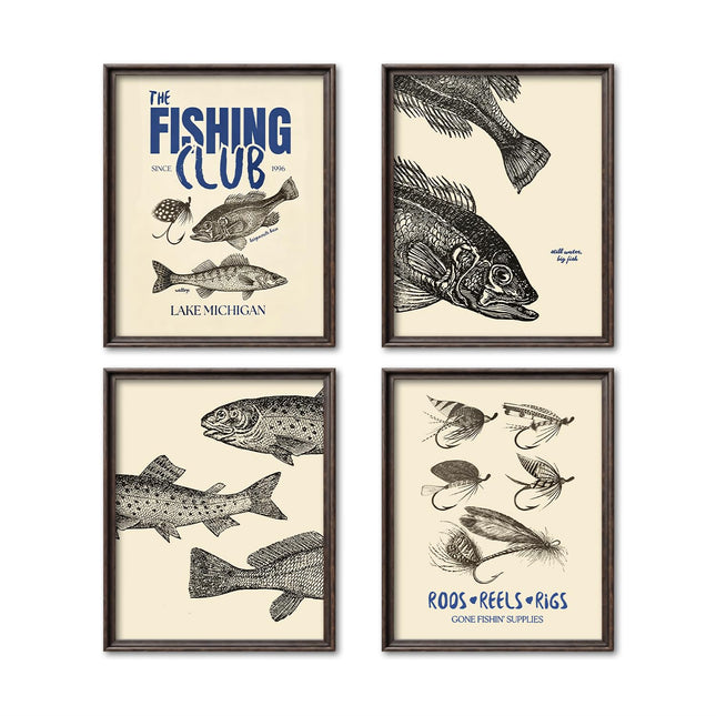 NaZaUK Vintage Fishing Wall Art, Rustic Cabin Decor, Fish Prints 8x10