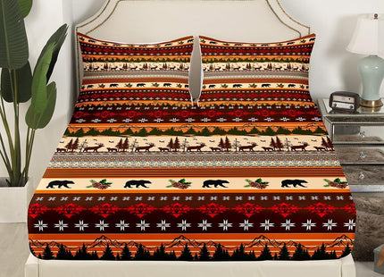 Erosebridal Woodland Bed Sheetss Twin,Abstract Bear Elk Deer Sheet Set Tribal Rustic Cabin Fitted Sheet for Boys Teens,Exotic Aztec Geometric Floral Top Sheet Western Wild Animal Room Decor,Brown