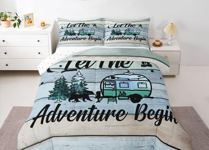Erosebridal Camper Comforter Happy Camping Bedding Pine Tree Bear Silhouette Bedding Sets & Collections Hand Drawing Style Down Comforter Twin Size Retro Farmhouse Decor,Microfiber Lightweight Duvet