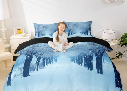 Erosebridal Winter Duvet Cover Queen, Blue Snow Snowstorm Bedding Set, Park Winter Landscape Scene Comforter Cover, Snowy Woodland Trees Bedroom Decor Quilt Cover with Zipper Closure