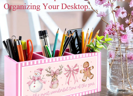 FDHSPAAM Pink Christmas Kitchen Utensil Holder, Coquette Bow Snowman Reindeer Gingerbread Cooking Utensil Holder Wooden Storage Organizer Box for Kitchen Counter, Girly Christmas Decor
