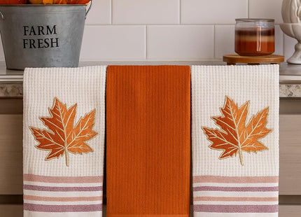 Fall Thanksgiving Kitchen Hand Dish Towels, Orange Rust Maple Leaf, 3 PC