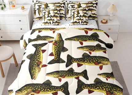 Feelyou Pike Fish Comforter Set 7 Pieces Twin Size Fishing and Hunting Bedding Set for Kids Boys Girls Rustic Cabin Country Bed in a Bag with Comforter + Sheets + Pillowcases + Cushion Covers