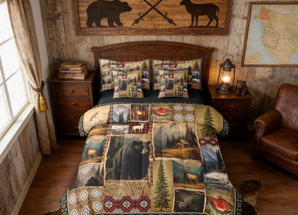 Erosebridal Hunting Bear Deer 7 Pcs Bedding Set Twin, Rustic Farmhouse Comforter Set with Sheets, Retro Cabin Lodge Buffalo Plaid Bed in A Bag for Boys Adults Men, Tribal Brown Patchwork Bed Sets