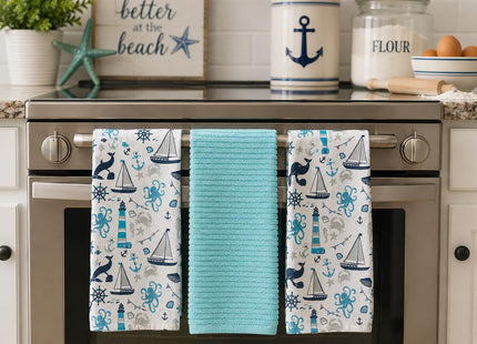 Nautical Coastal Cotton Kitchen Dish Towels, Lighthouse Sea Life, 15x25