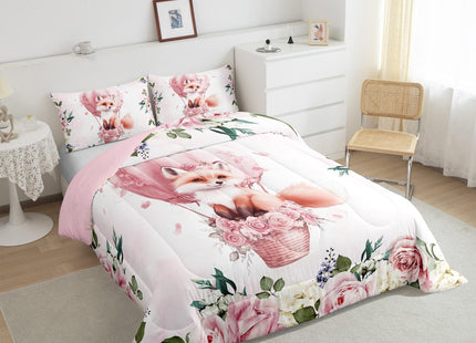 Cute Fox Kids Comforter Set Twin Size,Hot Air Balloon Rose Flowers Princess Romantic Bedding Set,Girls Women Room Decor,Forest Animal Leaves Down Comforter,Pink Dreamy Duvet Insert,1 Pillowcase