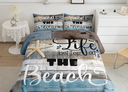 Castle Fairy Rustic Farmhouse Comforter Set King Size Beach Life Bedding 3pcs for Room Decor Blue Grey Stripes Quilted Duvet Ocean Starfish Cabin Wood Insert,2 Pillowcases(CYJS9693ZMD-BZ_USk)