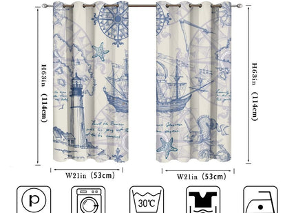 Nautical Sailboat Lighthouse Blackout Curtains - Rustic Hand Painted Compass Anchor Starfish Decorative Grommet Window Curtain Set Energy Saving Thermal Insulated Drapes,2 Panels 45L x 21W