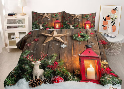 CCoutueChen Rustic Farmhouse Comforter Set King Size, Retro Cabin Lodge Bedding Set for Adult,3Pcs Christmas Themed Lightweight Comforter with 2 Pillowcases/90 * 104,Brown