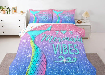 Girls Mermaid Tail Comforter Set Full Kawaii Coastal Fish Scales Bedding Set Glitter Star Galaxy Comforter Blue Pink Pastel Ombre Set Princess Bed Set Ocean Animal Quilt Duvet 2 Pillowcases Teal