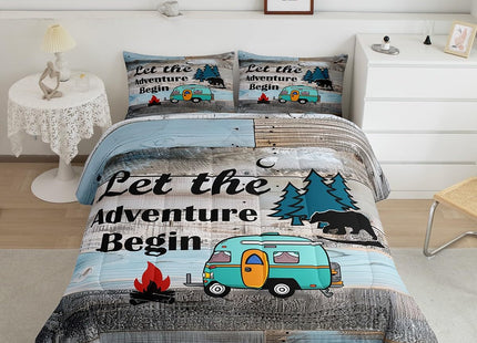 Rustic Camping Theme Bedding Set For Rv Bunks Twin,Country Farmhouse Camper Car Comforter Set For Kids Adults Woodland Pine Tree Bear Down Comforter Old Barn Door Quilt Duvet Insert 2 Pcs Grey