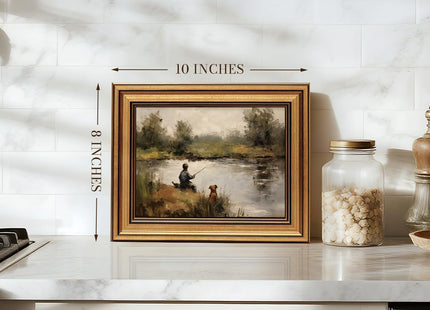 Vintage Fishing Boy and Dog Gold Framed Canvas Wall Art 8x10