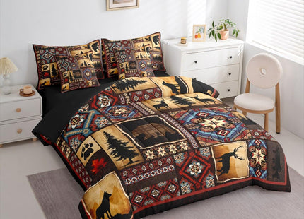 Erosebridal 7 Piece Rustic Cabin Plaid Comforter Set Queen,Rustic Farmhouse Aztec Bedding Sets For Kids Teens Men,Retro Hunting Wild Animals Bed in a Bag With Sheets,Country Woodland Pine Tree Bed Set