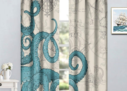 SHElifestyle Blue Nautical Octopus Curtains, Ocean Kraken Anchor Beach Window Treatments Vintage Coastal Map Pirate Ship Window Drapes for Bedroom Living Room Kitchen 63x72in