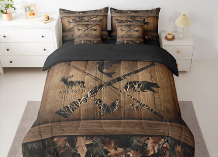 Erosebridal Rustic Farmhouse Bedding Sets 7 Piece Retro Camo Cabin Lodge Comforter Set Twin Hunting and Fishing Bed in A Bag for Boys Adults Men Wildlife Bear Deer Fish Duck Sheet Set with Comforter
