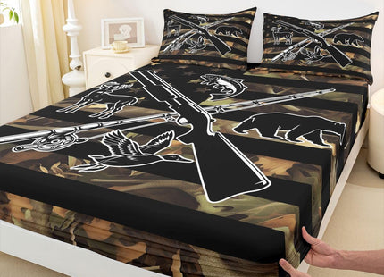 Hunting Fishing Bed Sheets For Kids Boys Men Camo American Flag Bedding Set Queen Wild Fish Duck Deer Bear Sheet Set Black Animal Silhouette Camouflage Fitted Sheet + Flat Sheet + 2 Pillow Cases