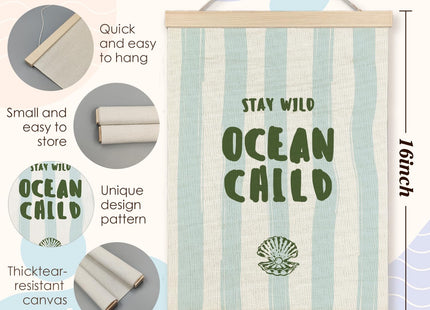 CIOJUNE Stay Wild Ocean Child Coastal Nautical Beach Wall Art Poster Hanger Frame, Blue Boho Ocean Seashell Canvas Prints Wall Art for Nursery Kids Room Playroom Home Decor, 12x16 Inch