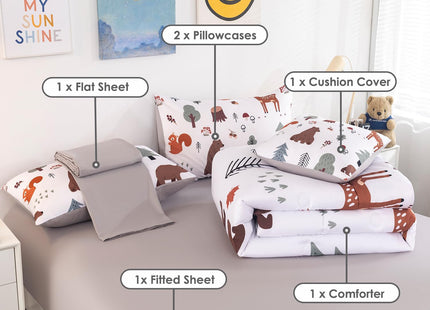 BYHOFMLY Queen Comforter Set for Boys 6 Pieces Forest Theme White Bedding Set with Sheets Woodland Animals Printed Teen Boy Bed in A Bag for All Season (Forest, Queen)