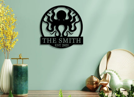 Personalized Octopus Metal Sign - Custom Nautical Wall Art Decor, Funny Octopus Bathroom Sign, Outdoor Garden Name Plate, Metal Beach House Wall Hanging, Unique Birthday Gift for Ocean Lovers