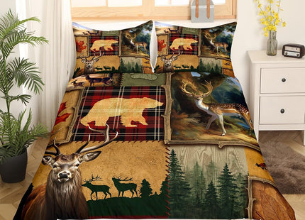 Hunting Duvet Cover Set Twin Size, Wildlife Deer Bear Adventure Hunting Theme Comforter Cover with 1 Pillowcase, Wild Animal Farmhouse Bedding Set 2pcs for Kids Boys Teens Bedroom Decor,No Comforter