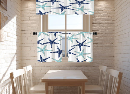 BaoNews Nautical Navy Blue Coastal Blackout Tier Curtains, Navy Blue Coastal Nautical Starfish Repeat Pattern Half Window Drapes for Kitchen with Rod Pocket,Room Darkening 2 Pack 26X24 Inches