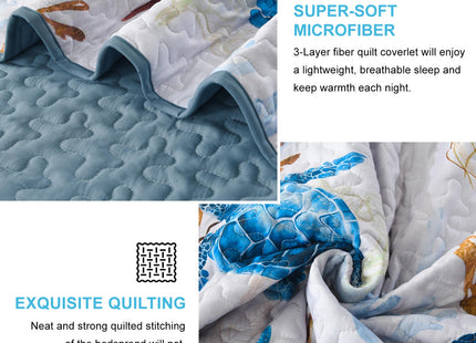 DJY Ocean Coastal Quilt Queen Size, 3 Pcs Sea Turtle Theme Bedspread Set