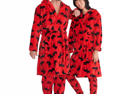 Little Blue House Unisex Fleece Robe, Moose On Red, Large