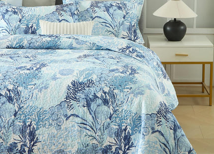 Autumn Dream Cotton Coastal Bedspread Quilt Sets Reversible Bedding Coverlet Sets Comforters, Fairytale Seaweed Blue Bedspread, Blue Ocean, Queen Size