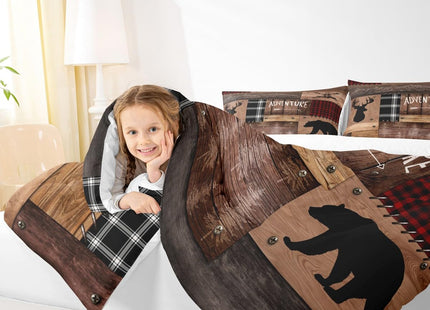 Cabin Home Comforter Sets King Size Hunting Bear Deer Animals Theme Quilted Duvet 3pcs for Boys Men Teens Kids Bedroom Decor Brown Wooden Rustic Farmhouse Style Bedding Sets Patchwork Plaid Bedspread