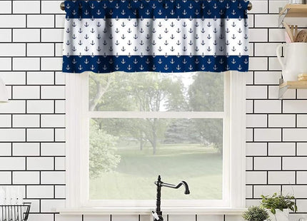 JanJCurt Anchor Valance Curtain, Nautical Theme Navy Blue White Anchor Sea Life Adventure Print Blackout Short Window Treatment for Kids Bedroom Living Room Kitchen, 54x18in