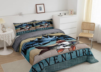 Erosebridal Bass Fishing Comforter Full Size Sea Animal Bedding Set, Retro Stripe Down Comforter Rustic Lake House Bed Set, Woodland Jungle Scene Quilted Duvet Pine Tree Print Home Decoratives 3pcs