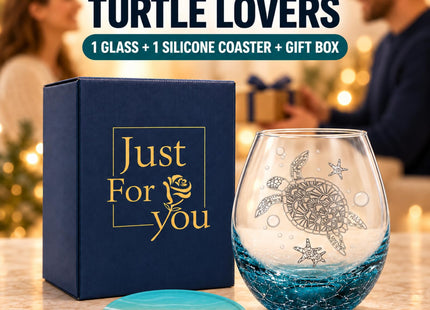 Sea Turtle Stemless Wine Glass Hand-Blown Coastal Crackle Teal Base 19oz
